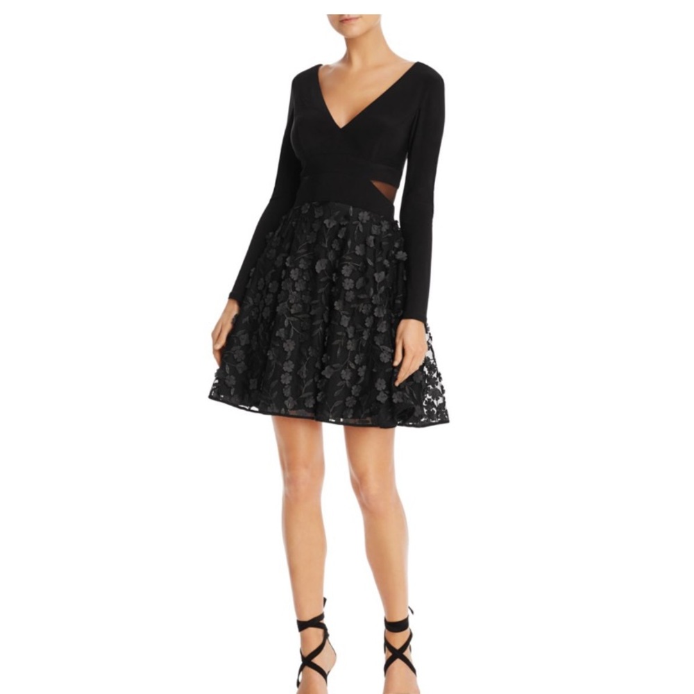 Aqua floral appliqué fit and flare dress